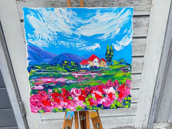 The small house in the valley among the flowers. Impasto painting