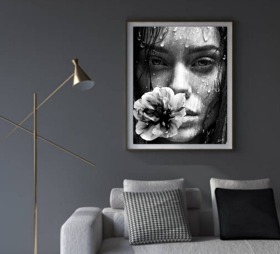 Girl with Flower in the Rain