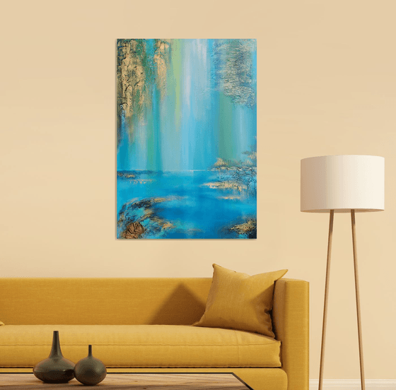 A XL large semi-abstract beautiful structured mixed media painting of a lake "Under the willow"