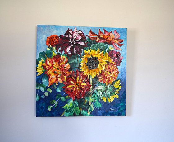 Sunflowers & Dahlias on Cobalt