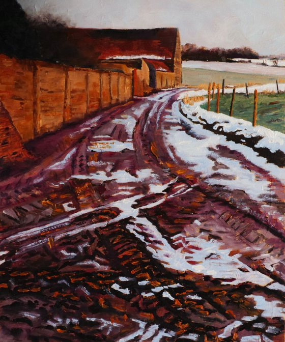 Muddy Lane, Frosty Morning, Impasto oil painting.