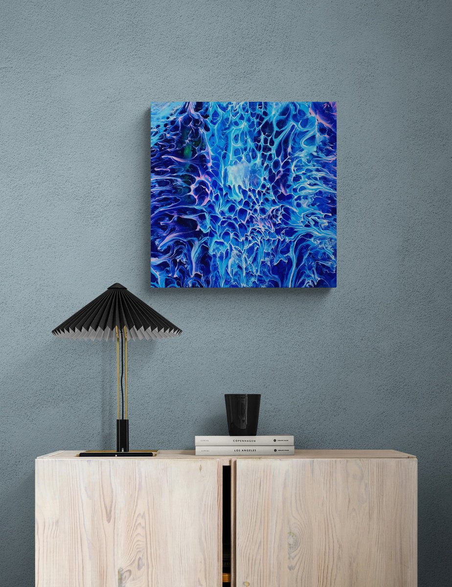 Organic Abstract Painting By Jane Biven, 12 X 12, Crystal Blue Persuasion, Original Artwork