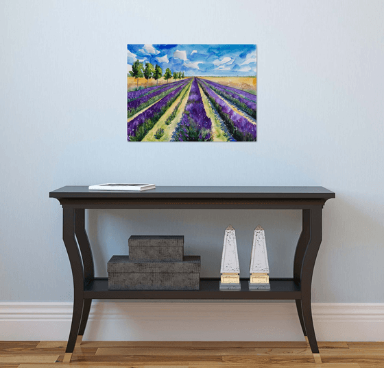 Lavender Original Watercolor Painting, Large Landscape Artwork, Purple Wall Art, France Picture