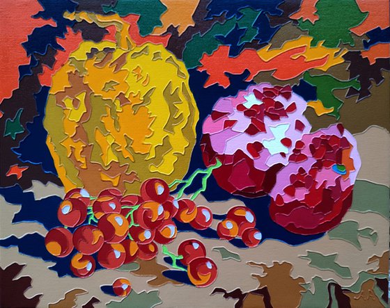 Colorful still life with pumpkin, grapes and pomegranates - | 24x30cm, 2024, Modern, Original Style |