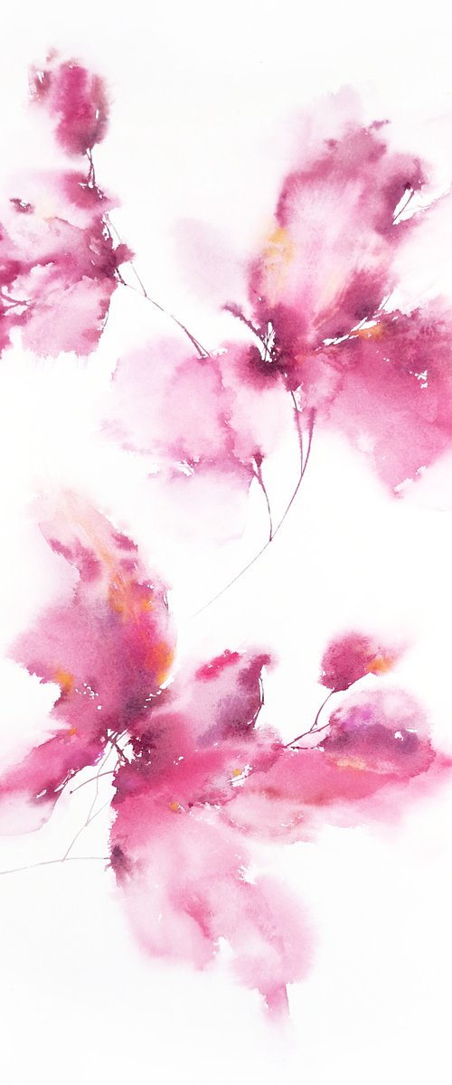 Soft pink flowers, watercolor painting "Sweet minutes" by Olga Grigo