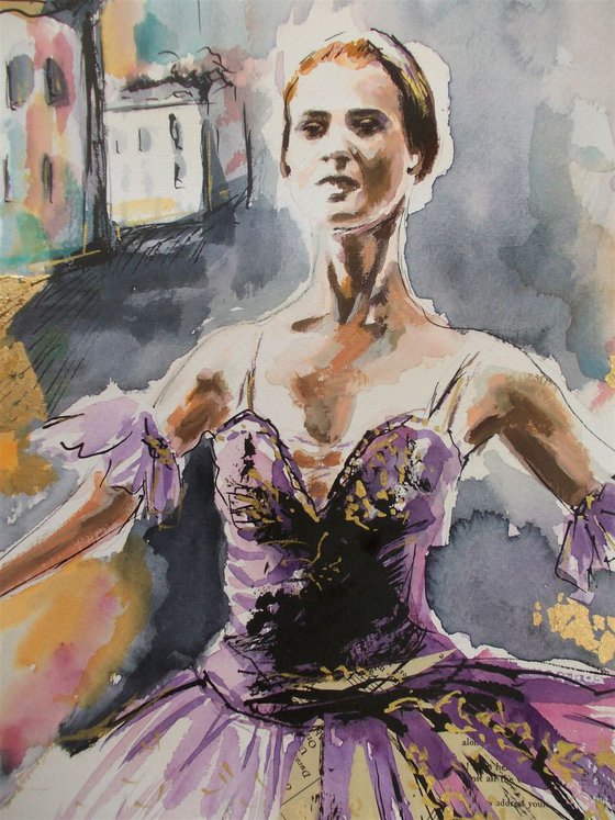 Purple Swan - Ballerina Watercolor Mixed Media Painting