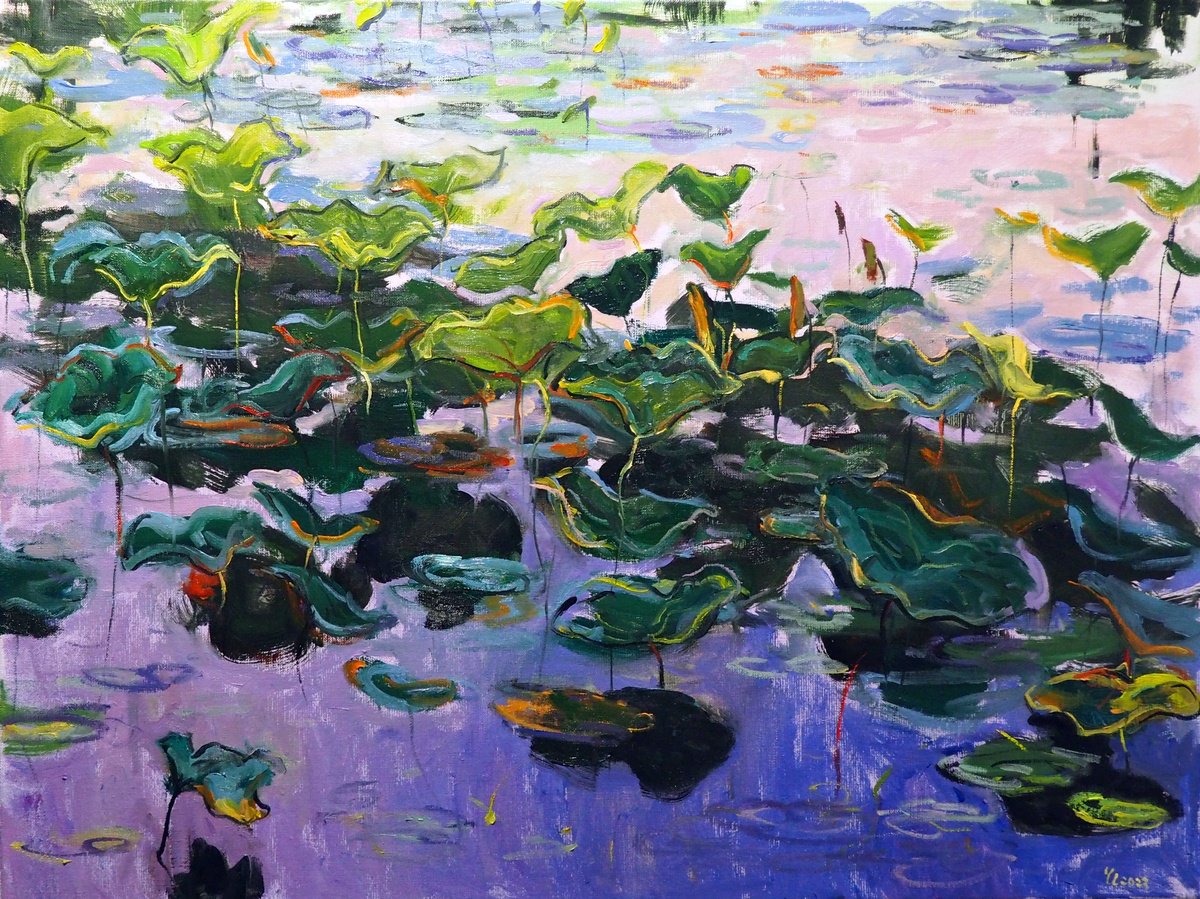 Impressionistic Landscape Oil Painting By Yuanyuan Liu, 31 X 24", Lotus Leaves, Original Artwork