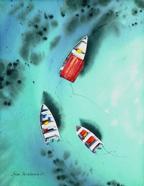 Boats near the reef original watercolor ocean  painting, beach wall art , nautical decor over the bed, by Irina Povaliaeva