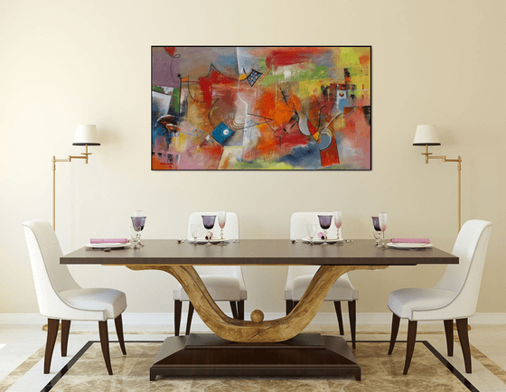 The Heat Of The Day, Large abstract painting, Original art, Oil on canvas, horizontal painting 82x145 cm, red tones