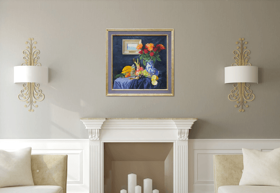 Roses in a ceramic vase and fruits