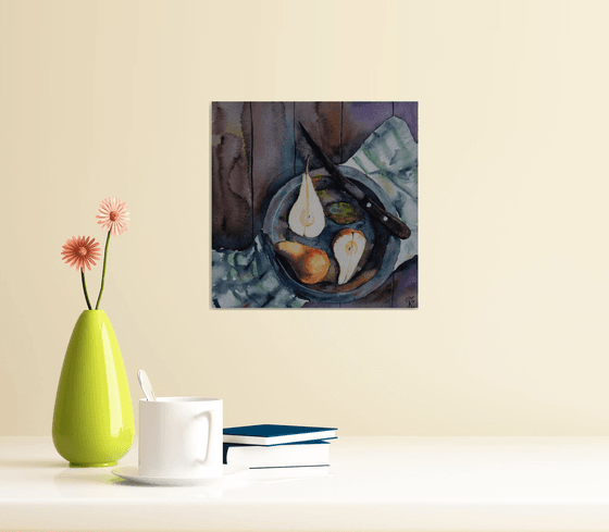 Watercolor painting Still life with pears and knife on a plate