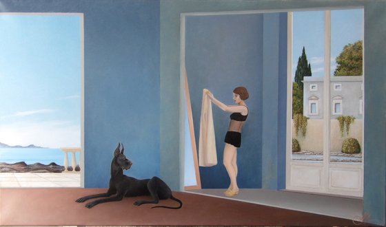 Sea house interior with great dane and girl