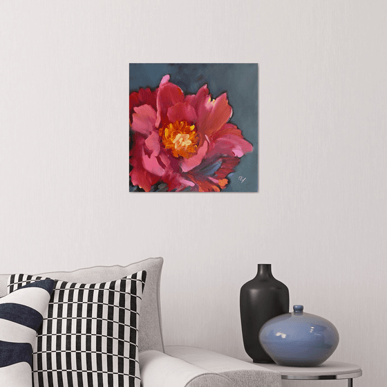 Original oil painting red peony on canvas