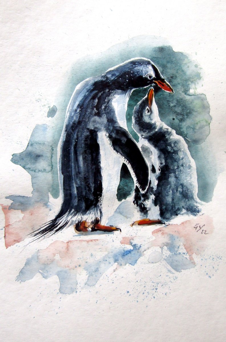 Impressionistic Animal Watercolour By Kovacs Anna Brigitta, 10 X 15", Penguin Baby With Mom, Original Artwork