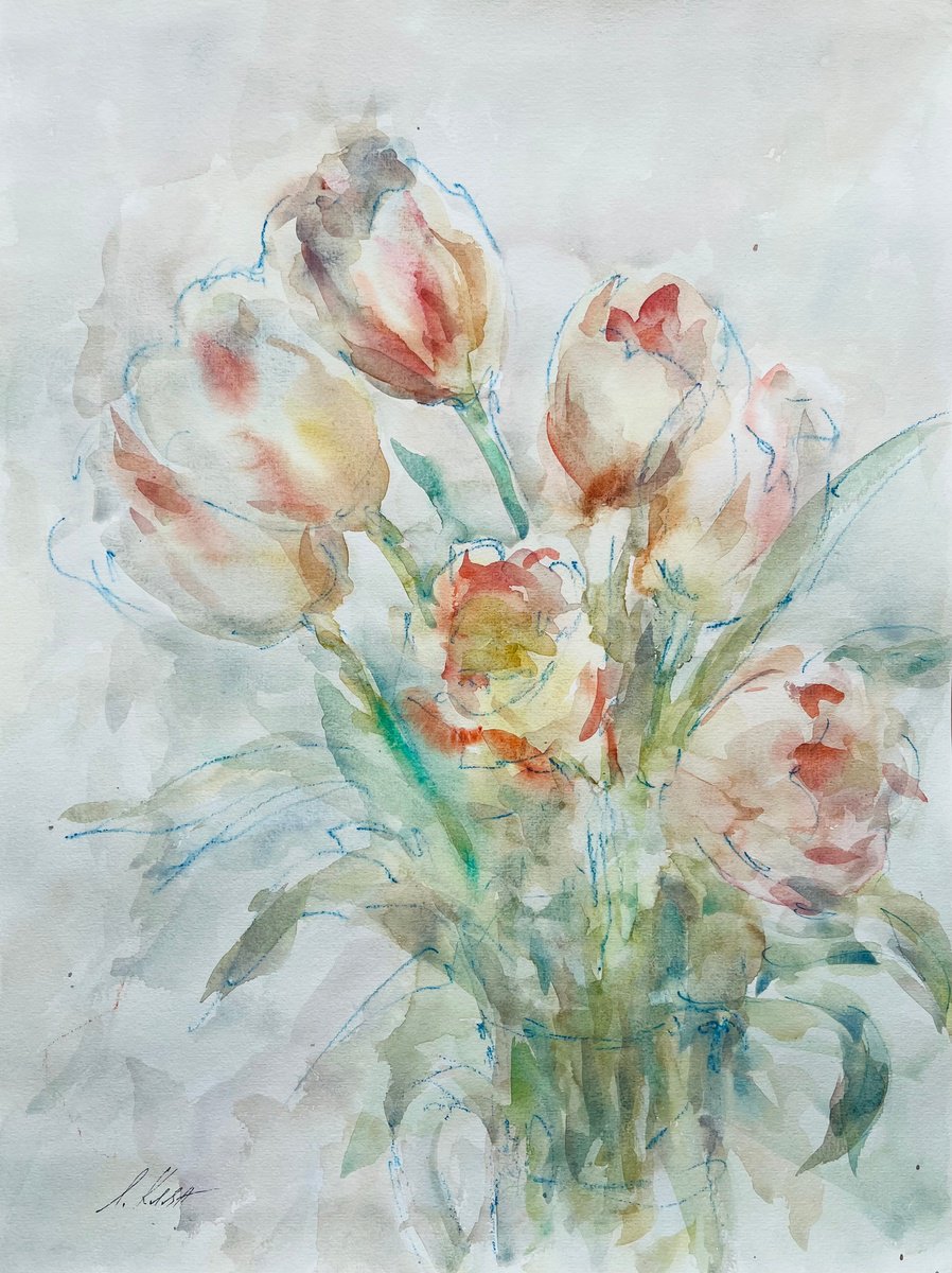 Impressionistic Botanical Painting By Elena Klyan, 14 X 18, Tulips 36X48 Cm 2025, Original Artwork