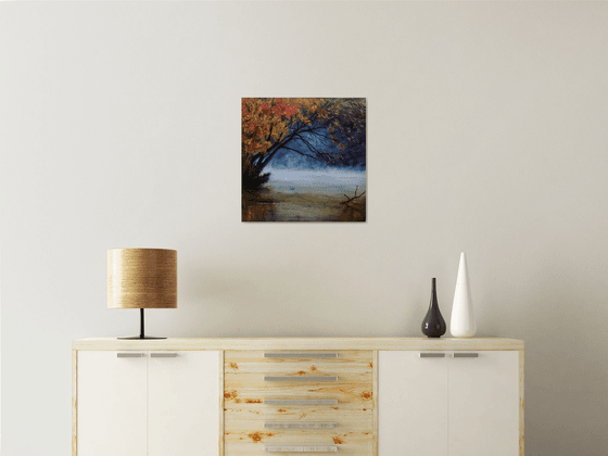 Reflection of autumn, oil painting, original gift, Autumn landscape, Landscape with foghome decor, Bedroom, Living Room, Blue, Leaves, yellow, reflection in water, Lake, Trees, Fog, driftwood, Witchcraft