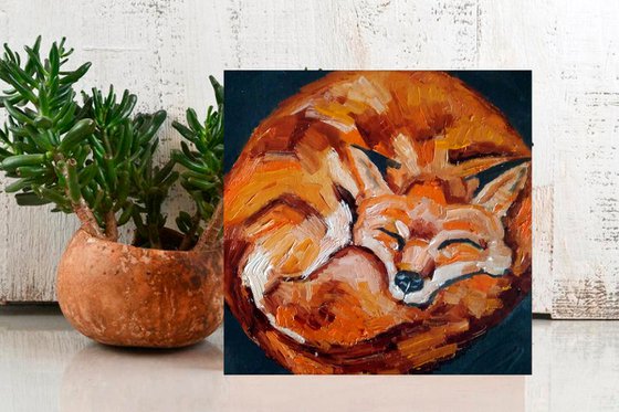 Sleeping Fox 2, Fox painting Original Art Animal Artwork Small Oil Wall Art