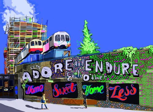 A3 Adore and Endure (Dark Blue), East London Illustration Print by Tomartacus