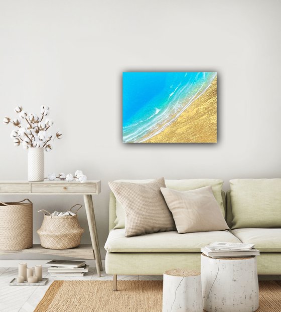 Finding peace - gold sand aerial ocean painting