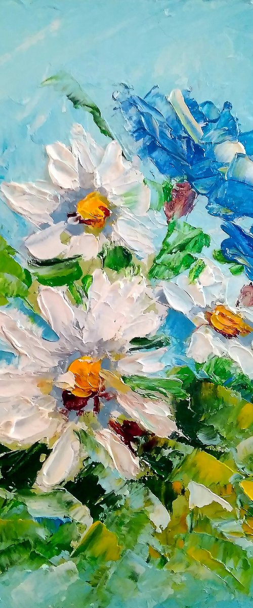 Daisy Painting Floral Original Art Small Flower Artwork Forget Me Not Wall Art by Yulia Berseneva