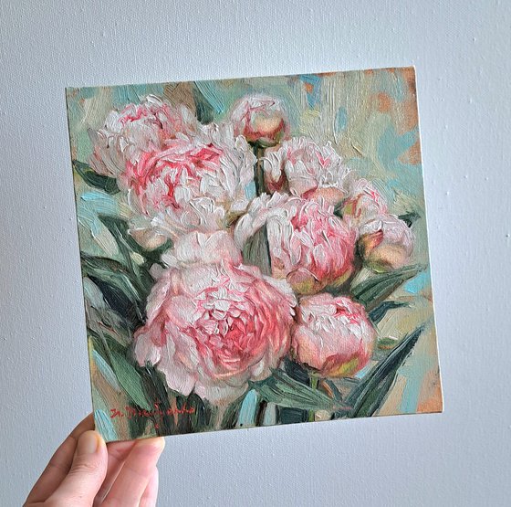 Peony oil painting original canvas art, Pink flowers painting small sizel