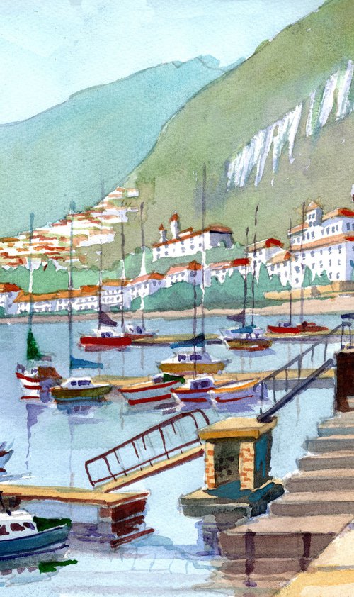 Tremezzo, Lake Como, Italy. Boats, Hills & people by Peter Day