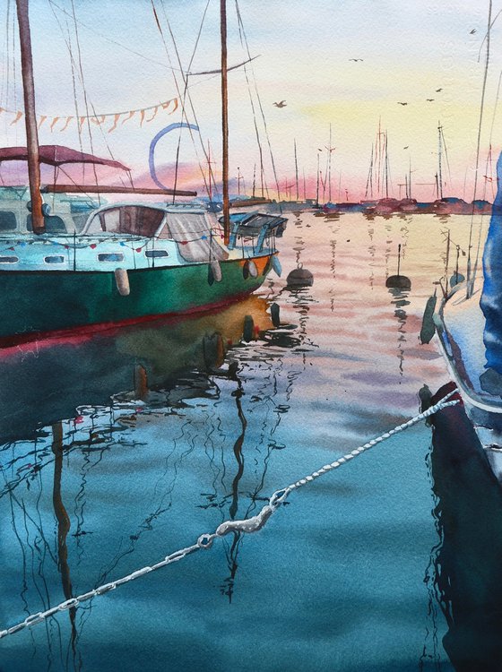 Reflections of yachts at sea. Sunset at the pier. Original watercolor painting.