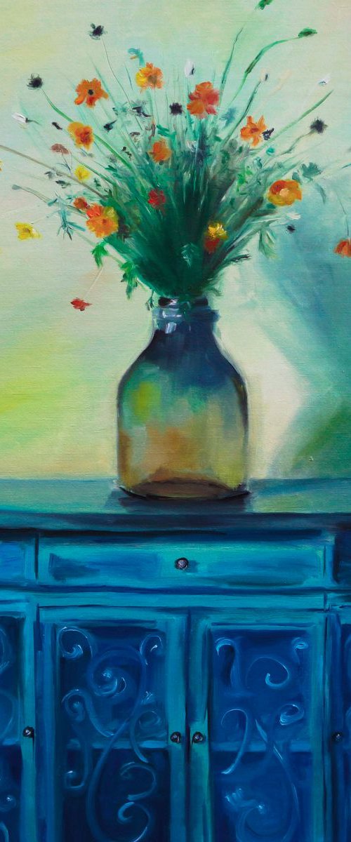 Oil painting on canvas "Blue sideboard" Painting of interior Wildflowers Still life painting by Anna Lubchik