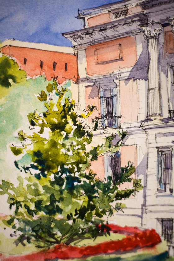 Prado Museum. Back entrance view. Madrid urban sketching small interior gift drawing