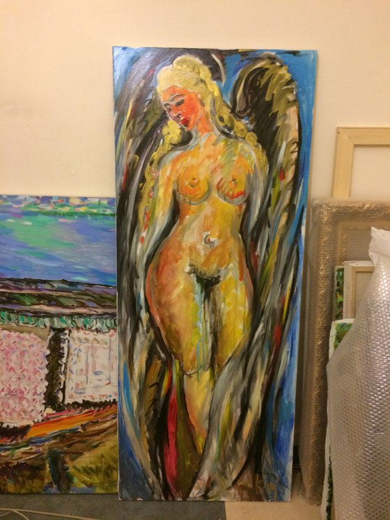 IN SLEEP OR IN WAKING. ANGEL - nude art,  XL large wall sized, original painting angel love wings beautiful female nude, Paris architecture art, Christmas gift, interior decor 170x70