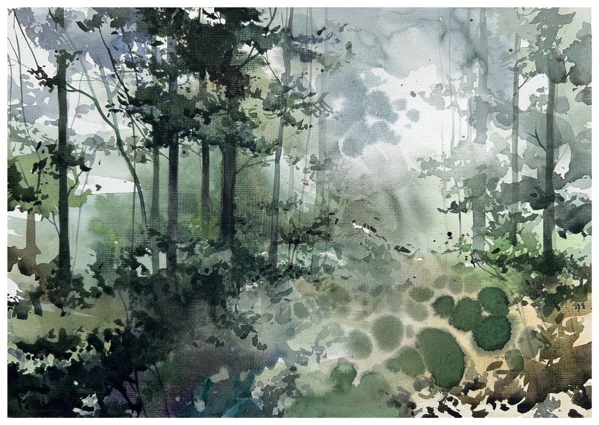 Impressionistic Landscape Watercolour By Nazar Grunyka, 17 X 12", Forest Landscape, Original Artwork