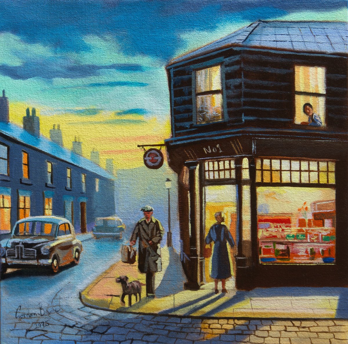 Impressionistic Cityscapes Oil Painting By Gordon Bruce, 12 X 12, Evening By The Corner Shop, Original Artwork