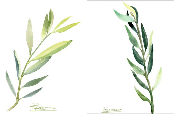 Set of 2 Green Leaves - Original watercolor paintings