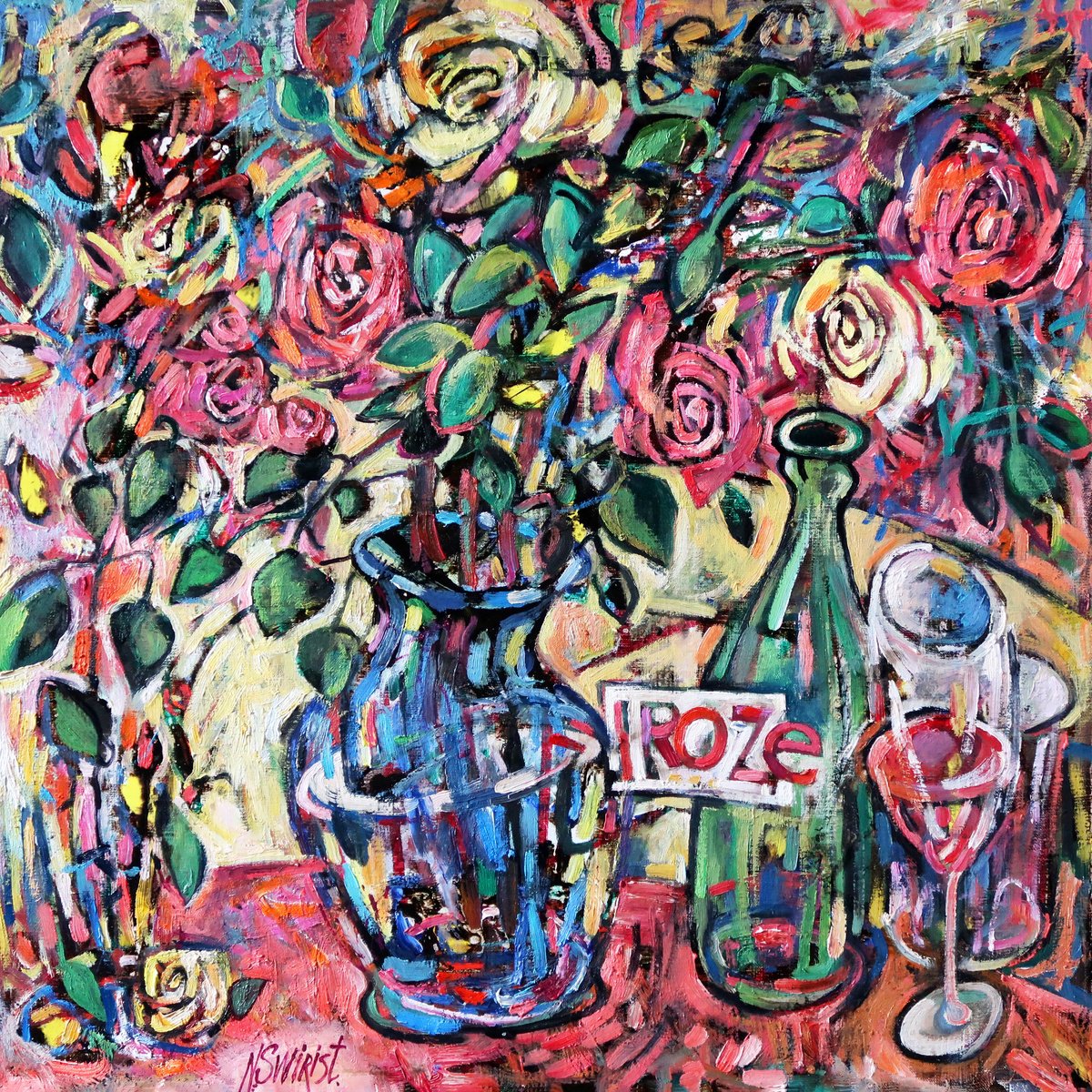 Impressionistic Still Life Oil Painting By Nikifor Swiristuhin, 28 X 28", Bottle Of "Rose"., Original Artwork
