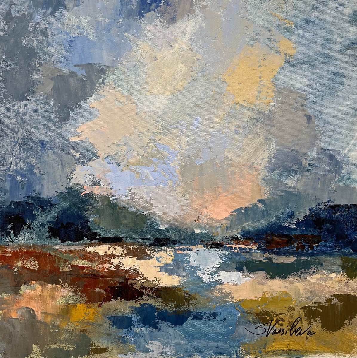 Impressionistic Landscape Acrylic Painting By Silvia Vassileva, 15 X 15", Blue Vista Ii, Original Artwork