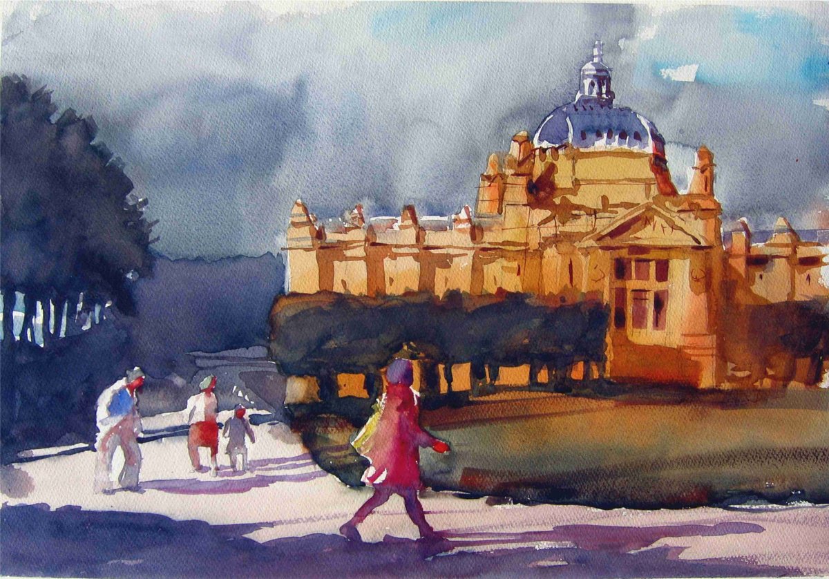 Cityscapes Watercolour By Goran Zigolic Watercolors, 19 X 13, Walkers In Low Sun, Original Artwork