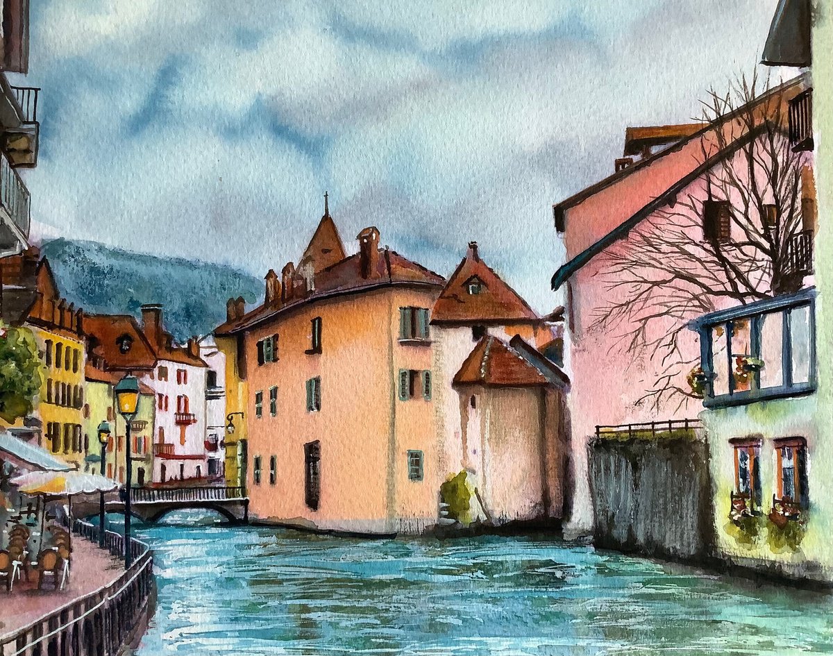Impressionistic Landscape Watercolour By Darren Carey, 15 X 11, Annecy France, Original Artwork