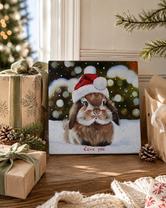 Christmas Bunny in Santa Hat