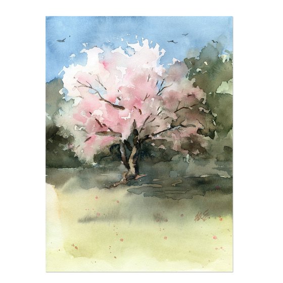 Flowering tree in watercolor, Spring tree