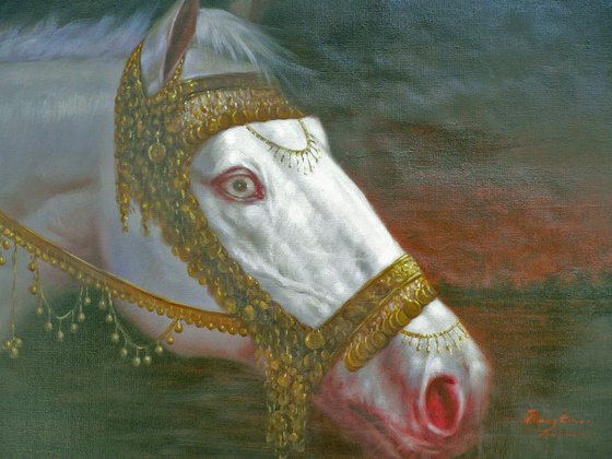 ORIGINAL OIL PAINTING ANIMAL ART THE WHITE HORSE ON LINEN #16-10-2-03