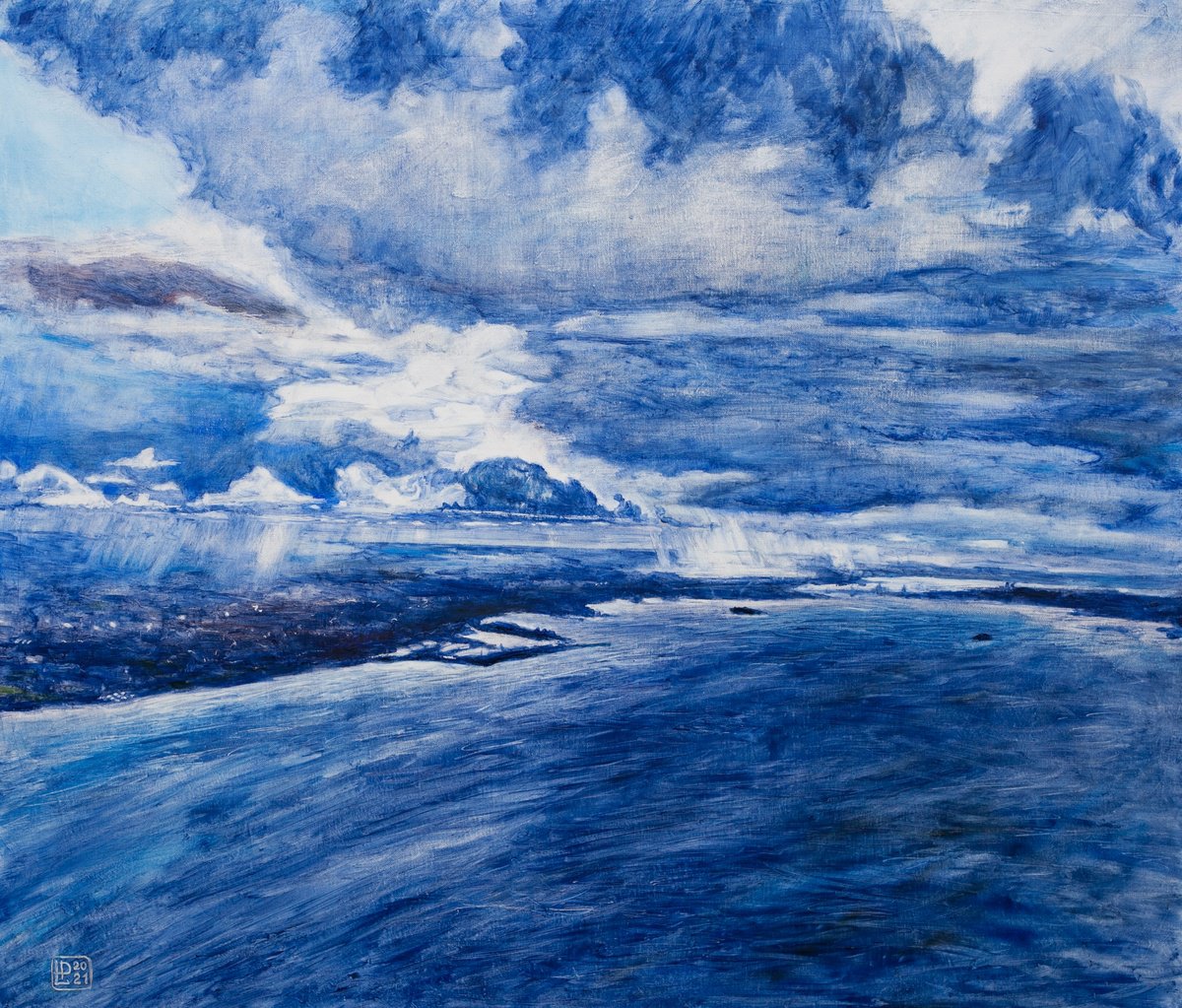 Expressive Landscape Oil Painting By Liudmila Pisliakova, 28 X 24", Flight Over Firth Of Forth, Original Artwork