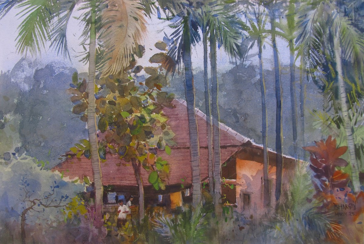 Impressionistic Landscape Watercolour By Bhargavkumar Kulkarni, 18 X 12, Warmth Of The Home, Original Artwork