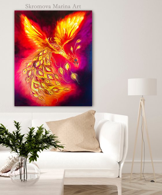 THE ENERGY OF THE FLAME - Firebird fabulous. Fantastic phoenix. Abstract firebird. Faming phoenix. Fire bird. Big wings. Gold feathers. Magic. Flight. Shine. Ash.