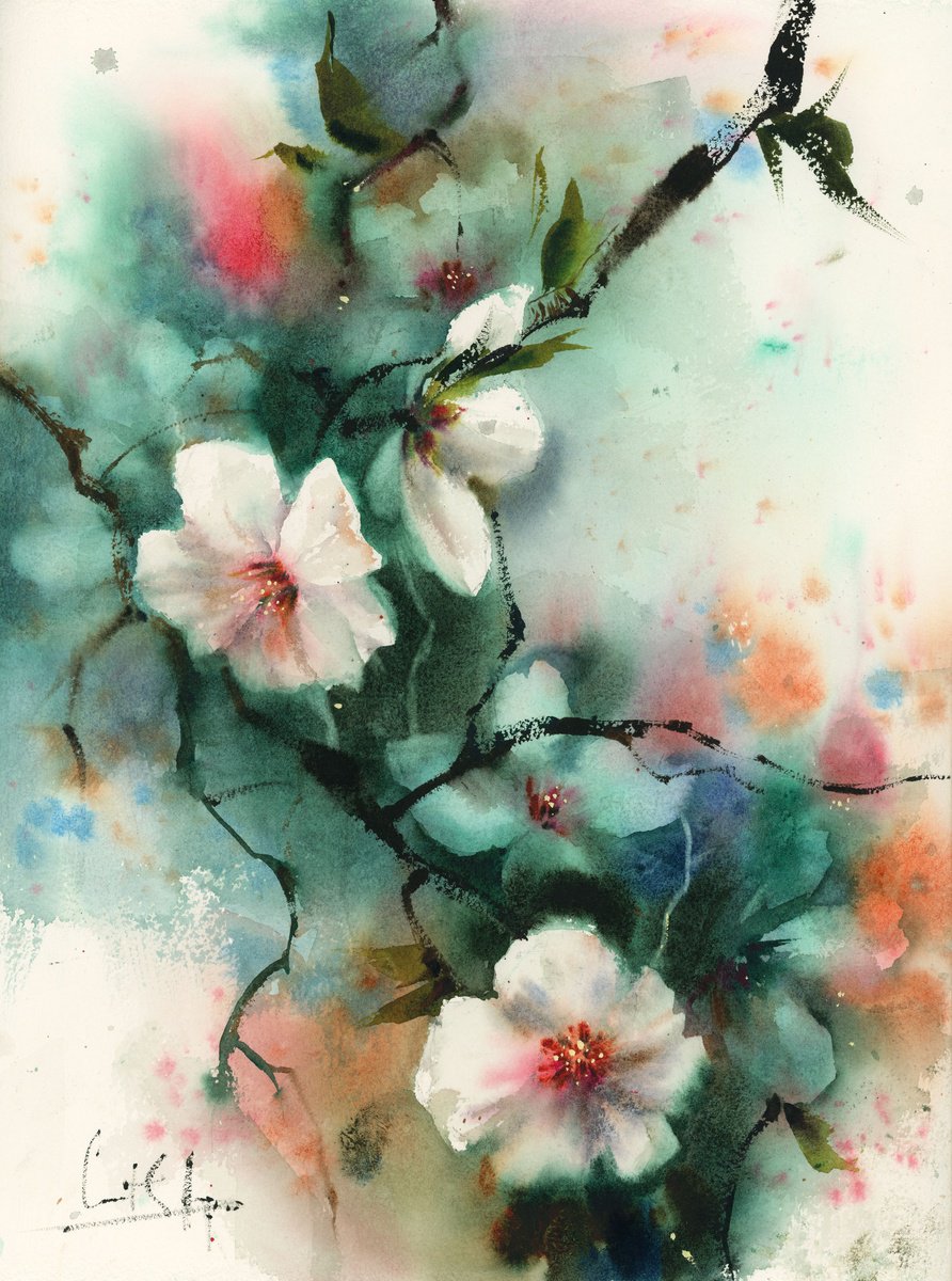 Impressionistic Watercolour , Almond Blooming Flowers By Sophie Rodionov, 12 X 16, Artwork For Sale On Artfinder