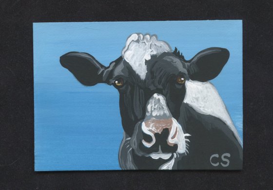 ACEO ATC Original Painting Black White Cow Farmyard Art-Carla Smale