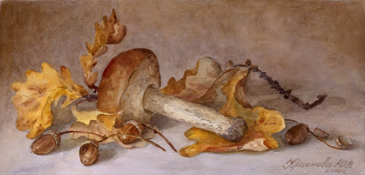 Photorealistic Still Life Watercolour By Yulia Krasnov, 15 X 7", Forest Finds, Original Artwork
