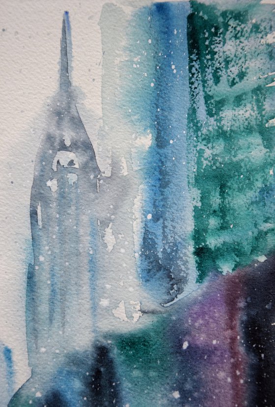 Snowy New York watercolor painting, original abstract cityscape, winter Manhattan