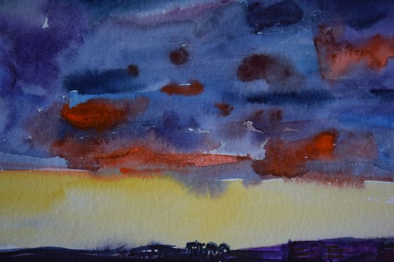 Sunset on the sea watercolor painting Beach on Canary Islands