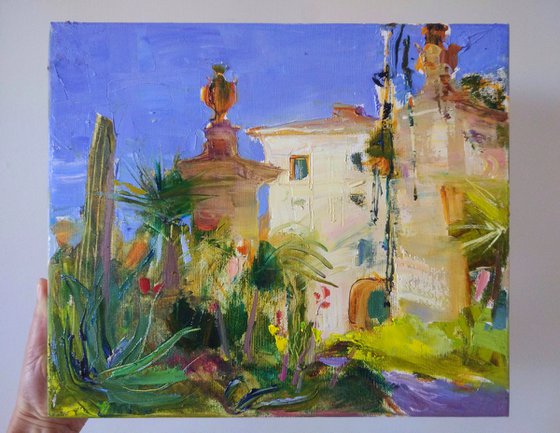 Sunny day in botanical garden. Rome . Italy . Original plein air oil painting .