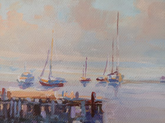 Dawn over the bay, original, one-of-a-kind acrylic on canvas seascape